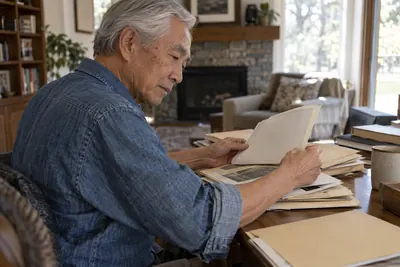 A researcher reviewing historical company documents