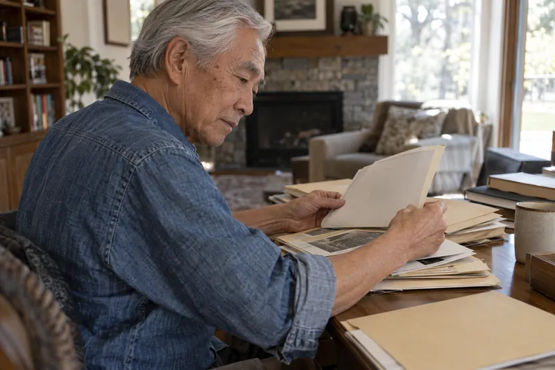 A researcher reviewing historical company documents
