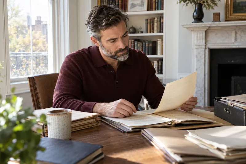 A researcher reviewing historical company documents