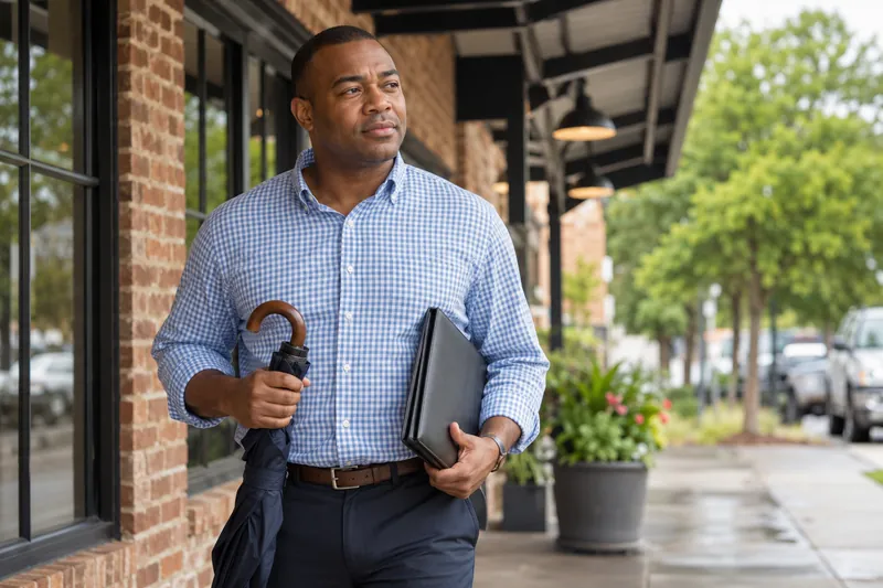 A visitor standing under a storefront awning with a closed umbrella and appointment folder
