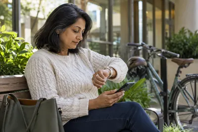A visitor checking a watch and a phone beside a parked bicycle before a daytime appointment