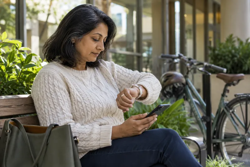 A visitor checking a watch and a phone beside a parked bicycle before a daytime appointment