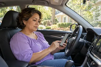 A visitor sitting in a parked car checking a phone route before setting off, car stationary