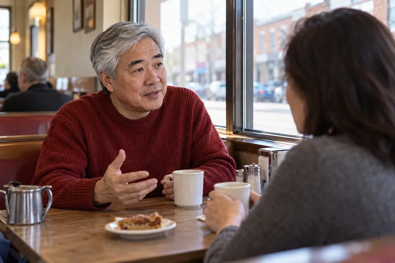 A visitor discussing a local errand over coffee in a modest neighborhood diner