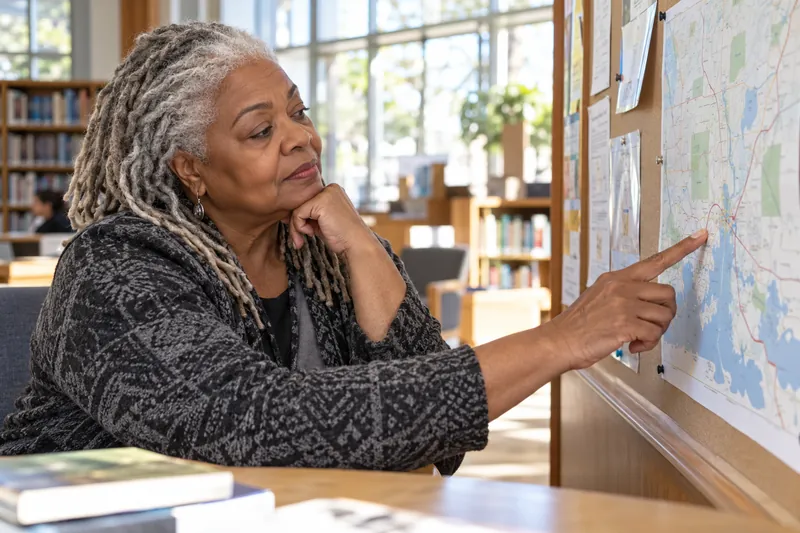 A visitor looking at a simple town map beside a library noticeboard with no readable text