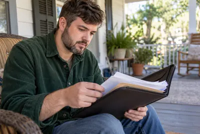A visitor looking through a document pouch on a home porch before a planned appointment