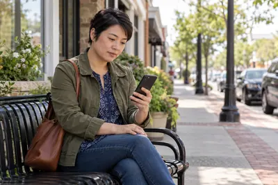 A visitor checking directions on a phone beside a small-town sidewalk bench, preparing for an appointment
