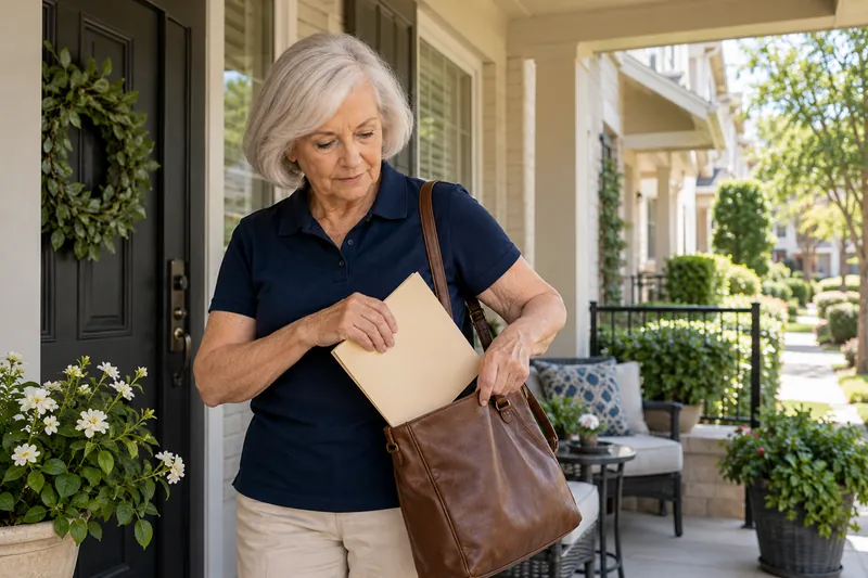 A visitor putting an unbranded document folder into a shoulder bag on a covered porch before going out
