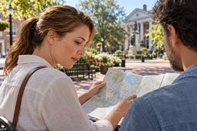 A visitor consulting a folded street map on a pedestrian square with a companion