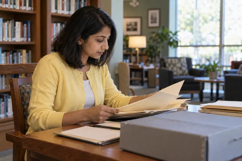 A researcher reviewing historical company documents